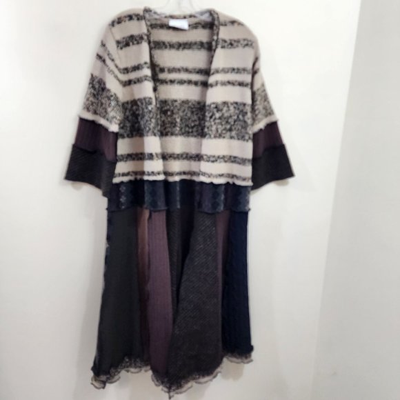 Magpie 1/2 button long boho patchwork duster sweater 3/4" sleeves woman's L/XL - Picture 11 of 11